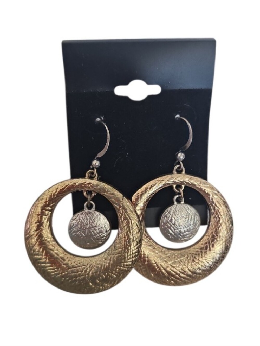 Vintage Mixed Metal Hammered Circle Drop Earrings Gold Silver 1.5” Boho